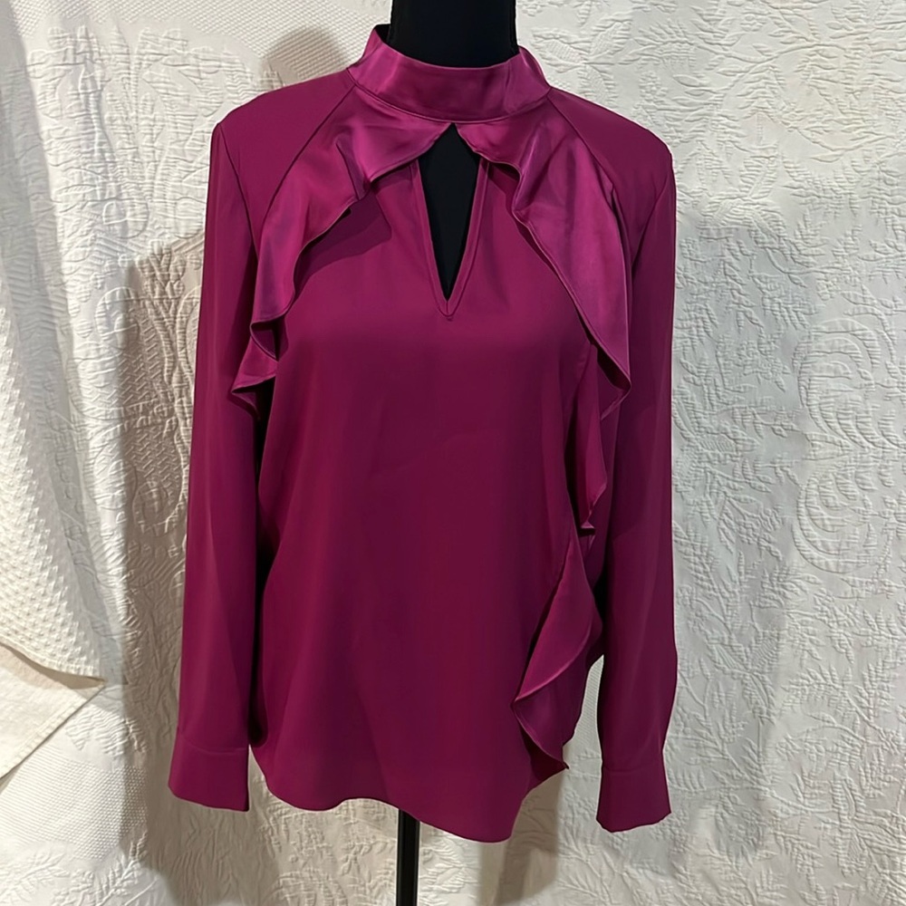 Parker Ciani Pink Ruffle Keyhole Mock Neck Long Sleeve Blouse, medium,‎ NWT